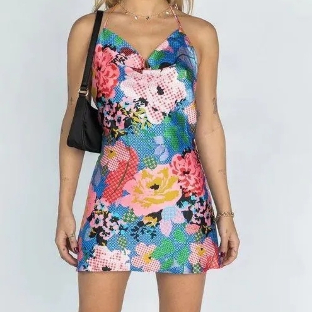 Princess Polly Greta Multi Flirty Floral Mini Dress Cowl Neck, Size 4